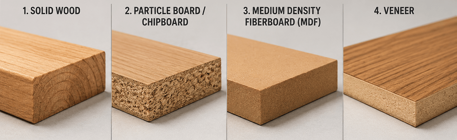 Types of material for custom furniture: solid wood, particle board, MDF and veneer